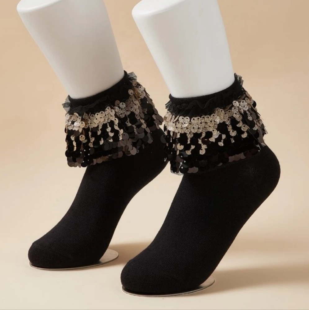 3/$30 glitter sequin ruffle mesh black socks